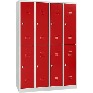 Kleiderspind, 4 Abteile übereinander, B 1170 x H 1950 mm, Drehriegelverschluss, lichtgrau/feuerrot Kleiderspind, 4 Abteile übereinander, B 1170 x H 1950 mm, Drehriegelverschluss, lichtgrau/feuerrot