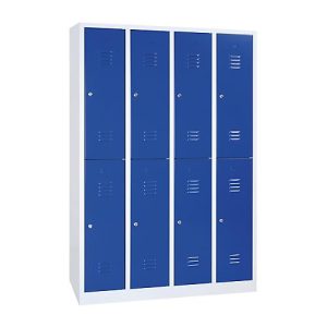 Kleiderspind, 4 Abteile übereinander, B 1170 x H 1950 mm, Zylinderschloss, lichtgrau/enzianblau Kleiderspind, 4 Abteile übereinander, B 1170 x H 1950 mm, Zylinderschloss, lichtgrau/enzianblau