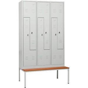 Kleiderspind, 6 Abteile, mit Sitzbank, 6 Fächer, mit Z-Türen, Drehriegelverschluss, lichtgrau Kleiderspind, 6 Abteile, mit Sitzbank, 6 Fächer, mit Z-Türen, Drehriegelverschluss, lichtgrau