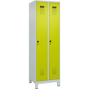Kleiderspind C+P Evolo Plus, 2 Abteile, 300 mm breit, mit Füßen, Sicherheits-Drehriegel, B 600 x T 500 x H 1950 mm, lichtgrau/clowngrün Kleiderspind C+P Evolo Plus, 2 Abteile, 300 mm breit, mit Füßen, Sicherheits-Drehriegel, B 600 x T 500 x H 1950 mm, lichtgrau/clowngrün