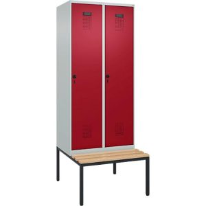 Kleiderspind C+P Evolo Plus, 2 Abteile, 400 mm Abteilbreite, mit untergebauter Sitzbank, B 800 x T 815 x H 2120 mm, Drehriegel, lichtgrau/rubinrot Kleiderspind C+P Evolo Plus, 2 Abteile, 400 mm Abteilbreite, mit untergebauter Sitzbank, B 800 x T 815 x H 2120 mm, Drehriegel, lichtgrau/rubinrot