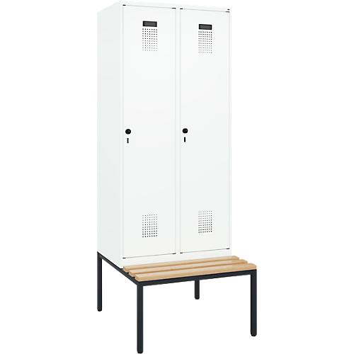 Kleiderspind C+P Evolo Plus, 2 Abteile, 400 mm Abteilbreite, mit untergebauter Sitzbank, B 800 x T 815 x H 2120 mm, Drehriegel, verkehrsweiß/verkehrsweiß
