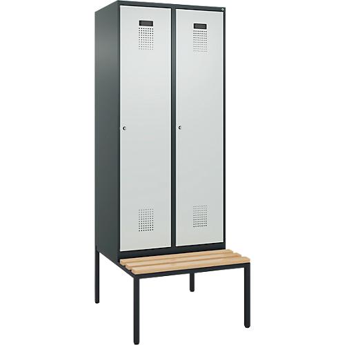 Kleiderspind C+P Evolo Plus, 2 Abteile, 400 mm Abteilbreite, mit untergebauter Sitzbank, B 800 x T 815 x H 2120 mm, Zylinder, anthrazitgrau/lichtgrau