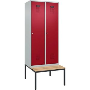 Kleiderspind C+P Evolo Plus, 2 Abteile, 400 mm Abteilbreite, mit untergebauter Sitzbank, B 800 x T 815 x H 2120 mm, Zylinder, lichtgrau/rubinrot