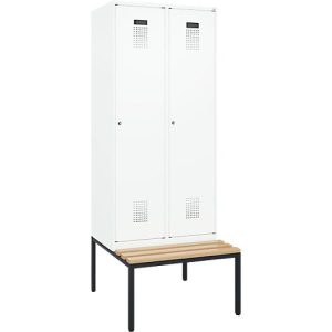 Kleiderspind C+P Evolo Plus, 2 Abteile, 400 mm Abteilbreite, mit untergebauter Sitzbank, B 800 x T 815 x H 2120 mm, Zylinder, verkehrsweiß/verkehrsweiß