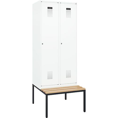 Kleiderspind C+P Evolo Plus, 2 Abteile, 400 mm Abteilbreite, mit untergebauter Sitzbank, B 800 x T 815 x H 2120 mm, Zylinder, verkehrsweiß/verkehrsweiß