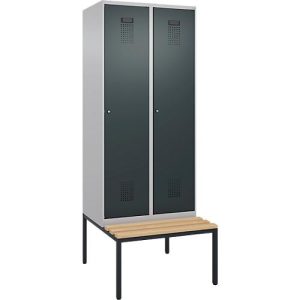 Kleiderspind C+P Evolo Plus, 2 Abteile, 400 mm Abteilbreite, mit untergebauter Sitzbank, B 800 x T 815 x H 2120 mm, Zylinder, weißaluminium/anthrazitgrau
