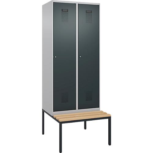 Kleiderspind C+P Evolo Plus, 2 Abteile, 400 mm Abteilbreite, mit untergebauter Sitzbank, B 800 x T 815 x H 2120 mm, Zylinder, weißaluminium/anthrazitgrau