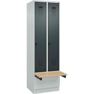 Kleiderspind C+P Evolo Plus, 2 Abteile à 300 mm Breite, Sockel, schwebende Sitzbank, B 600 x T 815 x H 1950 mm, Drehriegel, lichtgrau/anthrazitgrau Kleiderspind C+P Evolo Plus, 2 Abteile à 300 mm Breite, Sockel, schwebende Sitzbank, B 600 x T 815 x H 1950 mm, Drehriegel, lichtgrau/anthrazitgrau