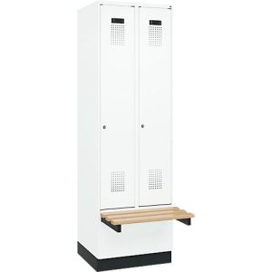 Kleiderspind C+P Evolo Plus, 2 Abteile à 300 mm Breite, Sockel, schwebende Sitzbank, B 600 x T 815 x H 1950 mm, Zylinder, verkehrsweiß/verkehrsweiß Kleiderspind C+P Evolo Plus, 2 Abteile à 300 mm Breite, Sockel, schwebende Sitzbank, B 600 x T 815 x H 1950 mm, Zylinder, verkehrsweiß/verkehrsweiß