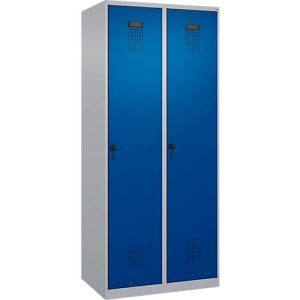 Kleiderspind C+P Evolo Plus, 2 Abteile, Anschlag rechts, Sicherheits-Drehriegel, B 800 x T 500 x H 1850 mm, weißaluminium/enzianblau