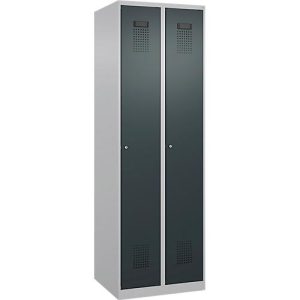 Kleiderspind C+P Evolo Plus, 2 Abteile, Anschlag rechts, Zylinderschloss, Soft-Anschlag, B 600 x T 500 x H 1850 mm, weißaluminium/anthrazitgrau