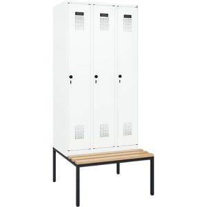 Kleiderspind C+P Evolo Plus, 3 Abteile, 300 mm Abteilbreite, mit untergebauter Sitzbank, B 900 x T 815 x H 2120 mm, Drehriegel, verkehrsweiß/verkehrsweiß Kleiderspind C+P Evolo Plus, 3 Abteile, 300 mm Abteilbreite, mit untergebauter Sitzbank, B 900 x T 815 x H 2120 mm, Drehriegel, verkehrsweiß/verkehrsweiß