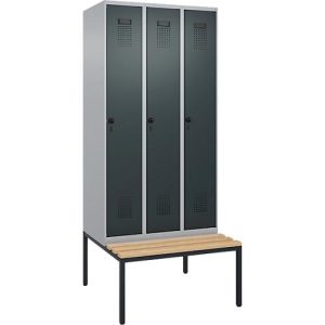 Kleiderspind C+P Evolo Plus, 3 Abteile, 300 mm Abteilbreite, mit untergebauter Sitzbank, B 900 x T 815 x H 2120 mm, Drehriegel, weißaluminium/anthrazitgrau Kleiderspind C+P Evolo Plus, 3 Abteile, 300 mm Abteilbreite, mit untergebauter Sitzbank, B 900 x T 815 x H 2120 mm, Drehriegel, weißaluminium/anthrazitgrau