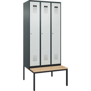 Kleiderspind C+P Evolo Plus, 3 Abteile, 300 mm Abteilbreite, mit untergebauter Sitzbank, B 900 x T 815 x H 2120 mm, Zylinder, anthrazitgrau/lichtgrau Kleiderspind C+P Evolo Plus, 3 Abteile, 300 mm Abteilbreite, mit untergebauter Sitzbank, B 900 x T 815 x H 2120 mm, Zylinder, anthrazitgrau/lichtgrau