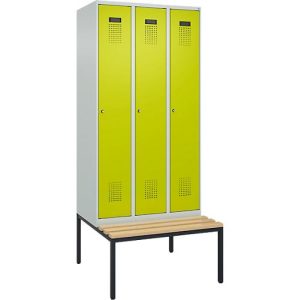 Kleiderspind C+P Evolo Plus, 3 Abteile, 300 mm Abteilbreite, mit untergebauter Sitzbank, B 900 x T 815 x H 2120 mm, Zylinder, lichtgrau/clowngrün Kleiderspind C+P Evolo Plus, 3 Abteile, 300 mm Abteilbreite, mit untergebauter Sitzbank, B 900 x T 815 x H 2120 mm, Zylinder, lichtgrau/clowngrün
