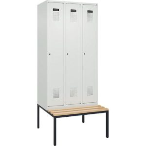 Kleiderspind C+P Evolo Plus, 3 Abteile, 300 mm Abteilbreite, mit untergebauter Sitzbank, B 900 x T 815 x H 2120 mm, Zylinder, lichtgrau/lichtgrau Kleiderspind C+P Evolo Plus, 3 Abteile, 300 mm Abteilbreite, mit untergebauter Sitzbank, B 900 x T 815 x H 2120 mm, Zylinder, lichtgrau/lichtgrau