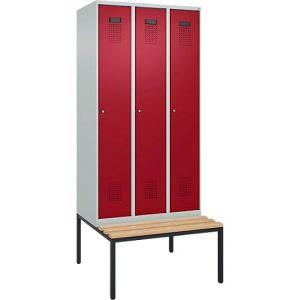 Kleiderspind C+P Evolo Plus, 3 Abteile, 300 mm Abteilbreite, mit untergebauter Sitzbank, B 900 x T 815 x H 2120 mm, Zylinder, lichtgrau/rubinrot Kleiderspind C+P Evolo Plus, 3 Abteile, 300 mm Abteilbreite, mit untergebauter Sitzbank, B 900 x T 815 x H 2120 mm, Zylinder, lichtgrau/rubinrot