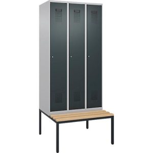 Kleiderspind C+P Evolo Plus, 3 Abteile, 300 mm Abteilbreite, mit untergebauter Sitzbank, B 900 x T 815 x H 2120 mm, Zylinder, weißaluminium/anthrazitgrau Kleiderspind C+P Evolo Plus, 3 Abteile, 300 mm Abteilbreite, mit untergebauter Sitzbank, B 900 x T 815 x H 2120 mm, Zylinder, weißaluminium/anthrazitgrau