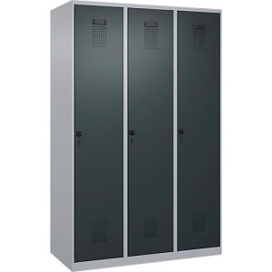 Kleiderspind C+P Evolo Plus, 3 Abteile, 400 mm breit, Drehriegel, Soft-Anschlag, B 1.200 x T 500 x H 1.850 m, weißaluminium/anthrazitgrau Kleiderspind C+P Evolo Plus, 3 Abteile, 400 mm breit, Drehriegel, Soft-Anschlag, B 1.200 x T 500 x H 1.850 m, weißaluminium/anthrazitgrau