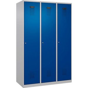 Kleiderspind C+P Evolo Plus, 3 Abteile, 400 mm breit, Zylinderschloss, Soft-Anschlag, B 1.200 x T 500 x H 1.850 m, weißaluminium/enzianblau Kleiderspind C+P Evolo Plus, 3 Abteile, 400 mm breit, Zylinderschloss, Soft-Anschlag, B 1.200 x T 500 x H 1.850 m, weißaluminium/enzianblau