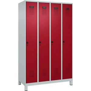Kleiderspind C+P Evolo Plus, 4 Abteile, 300 mm Abteilbreite, mit Füßen, Anschlag rechts, Drehriegel, B 1200 x T 500 x H 1950 mm, lichtgrau/rubinrot Kleiderspind C+P Evolo Plus, 4 Abteile, 300 mm Abteilbreite, mit Füßen, Anschlag rechts, Drehriegel, B 1200 x T 500 x H 1950 mm, lichtgrau/rubinrot