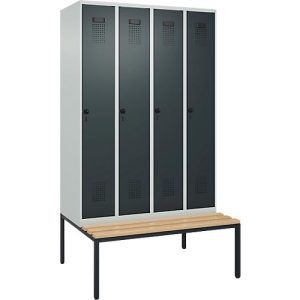 Kleiderspind C+P Evolo Plus, 4 Abteile, 300 mm Abteilbreite, mit untergebauter Sitzbank, B 1200 x T 815 x H 2120 mm, Drehriegel, lichtgrau/anthrazitgrau Kleiderspind C+P Evolo Plus, 4 Abteile, 300 mm Abteilbreite, mit untergebauter Sitzbank, B 1200 x T 815 x H 2120 mm, Drehriegel, lichtgrau/anthrazitgrau