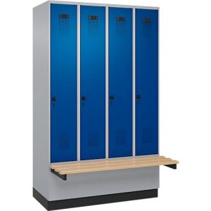 Kleiderspind C+P Evolo Plus, 4 Abteile à 300 mm Breite, Sockel, schwebende Sitzbank, B 1200 x T 815 x H 1950 mm, Drehriegel, weißaluminium/enzianblau Kleiderspind C+P Evolo Plus, 4 Abteile à 300 mm Breite, Sockel, schwebende Sitzbank, B 1200 x T 815 x H 1950 mm, Drehriegel, weißaluminium/enzianblau