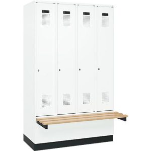 Kleiderspind C+P Evolo Plus, 4 Abteile à 300 mm Breite, Sockel, schwebende Sitzbank, B 1200 x T 815 x H 1950 mm, Zylinder, verkehrsweiß/verkehrsweiß Kleiderspind C+P Evolo Plus, 4 Abteile à 300 mm Breite, Sockel, schwebende Sitzbank, B 1200 x T 815 x H 1950 mm, Zylinder, verkehrsweiß/verkehrsweiß