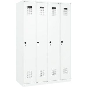 Kleiderspind C+P Evolo Plus, 4 Abteile, Anschlag rechts, Sicherheits-Drehriegel, B 1200 x T 500 x H 1850 mm, verkehrsweiß/verkehrsweiß Kleiderspind C+P Evolo Plus, 4 Abteile, Anschlag rechts, Sicherheits-Drehriegel, B 1200 x T 500 x H 1850 mm, verkehrsweiß/verkehrsweiß