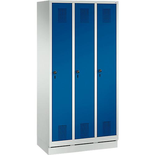 Kleiderspind Evolo S 3000, 3 Abteile, Stahl, Sockelhöhe 100 mm, Sicherheitsdrehriegelverschluss, lichtgrau/enzianblau