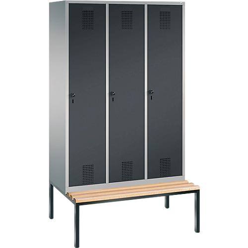 Kleiderspind Evolo S 3000, untergebaute Sitzbank, 3 Abteile, Stahl, Sicherheitsdrehriegelverschluss, weißaluminium/anthrazit