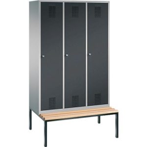 Kleiderspind Evolo S 3000, untergebaute Sitzbank, 3 Abteile, Stahl, Zylinderschloss, weißaluminium/anthrazit