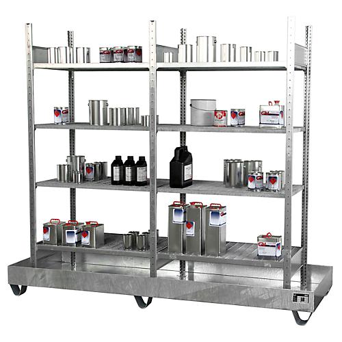 Kleingebinderegal BAUER S 3023-4E, Grund- und Anbauregal, B 2400 x T 800 x H 2000 mm, 4 Gitterrostböden + 1 Auffangwanne