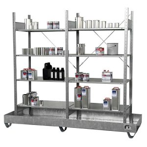 Kleingebinderegal BAUER S 3024-4E, Grund- und Anbauregal, B 2400 x T 800 x H 2000 mm, 4 Fachböden + 1 Auffangwanne Kleingebinderegal BAUER S 3024-4E, Grund- und Anbauregal, B 2400 x T 800 x H 2000 mm, 4 Fachböden + 1 Auffangwanne