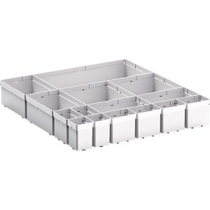 Kleinteileboxen bott verso, für Schubladen, Set aus 15 Boxen, für Fronthöhe 100/125 mm, B 525 x T 550 x H 77 mm, Stahlblech Kleinteileboxen bott verso, für Schubladen, Set aus 15 Boxen, für Fronthöhe 100/125 mm, B 525 x T 550 x H 77 mm, Stahlblech