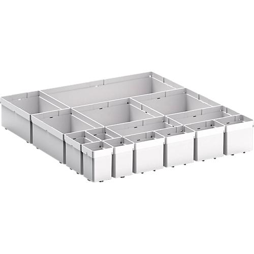 Kleinteileboxen bott verso, für Schubladen, Set aus 15 Boxen, für Fronthöhe 100/125 mm, B 525 x T 550 x H 77 mm, Stahlblech