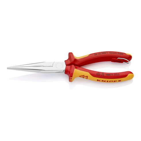 KNIPEX 26 16 200 T BK Flachrundzange mit Schneide (Storchschnabelzange) mit Befestigungsöse verchromt VDE 200 mm