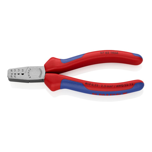 Knipex Crimpzange poliert mit Mehrkomponenten-Hüllen 145mm für Aderendhülsen 0,25 - 25mm²