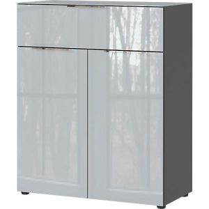 Kommode, mit 1 Schublade und 2 Türen, Glasfront- und auflage, B 830 x T 420 x H 1020 mm, graphit/silbergrau