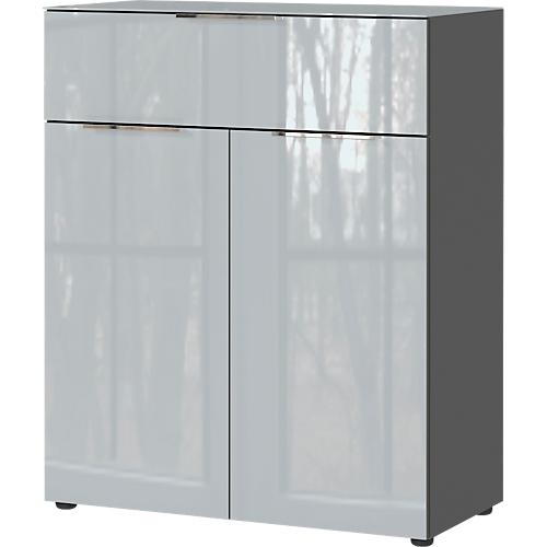 Kommode, mit 1 Schublade und 2 Türen, Glasfront- und auflage, B 830 x T 420 x H 1020 mm, graphit/silbergrau