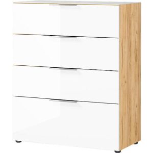 Kommode, mit 4 Schubladen, Glasfront- und auflage, B 830 x T 420 x H 1020 mm, Navarra-Eiche/weiß