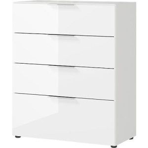 Kommode, mit 4 Schubladen, Glasfront- und auflage, B 830 x T 420 x H 1020 mm, weiß