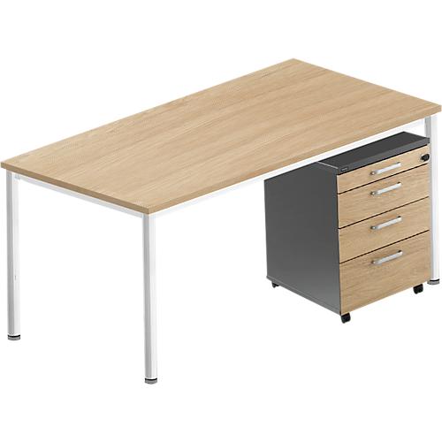 Komplettset BEXXSTAR, Schreibtisch 1600 mm breit Rollcontainer, Rundrohrfuß, Eiche-Dekor/dunkelgrau