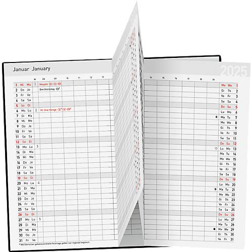 Korsch Taschenkalender Saturn 2025, 30 Seiten, Sonn- und Feiertage in Rot, Wechselhülle, Kalendarium in D/GB/F/I, B 87 x H 153 mm, schwarz
