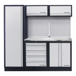 Kraftwerk 3-Element-Schrankwand mit Vierkantlochwand Inox-Arbeitsplatte Kraftwerk 3-Element-Schrankwand mit Vierkantlochwand Inox-Arbeitsplatte