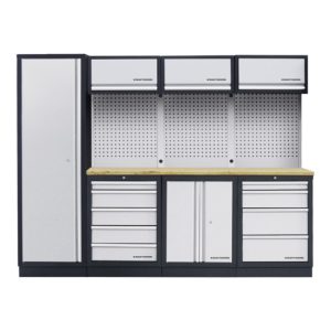 Kraftwerk 4-Element-Schrankwand mit Vierkantlochwand Länge 2640 mm Multiplex-Arbeitsplatte Kraftwerk 4-Element-Schrankwand mit Vierkantlochwand Länge 2640 mm Multiplex-Arbeitsplatte