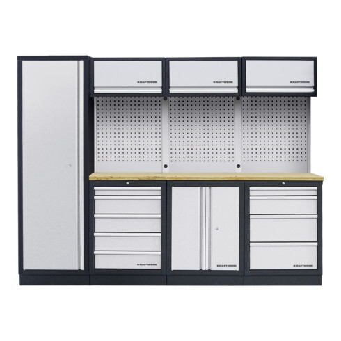 Kraftwerk 4-Element-Schrankwand mit Vierkantlochwand Länge 2640 mm Multiplex-Arbeitsplatte