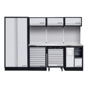 Kraftwerk 4-Element-Schrankwand mit Vierkantlochwand Länge 2955 mm Inox-Arbeitsplatte Kraftwerk 4-Element-Schrankwand mit Vierkantlochwand Länge 2955 mm Inox-Arbeitsplatte