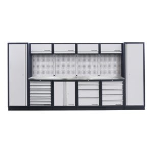 Kraftwerk 6-Element-Schrankwand mit Vierkantlochwand Länge 3920 mm INOX-Arbeitsplatte Kraftwerk 6-Element-Schrankwand mit Vierkantlochwand Länge 3920 mm INOX-Arbeitsplatte